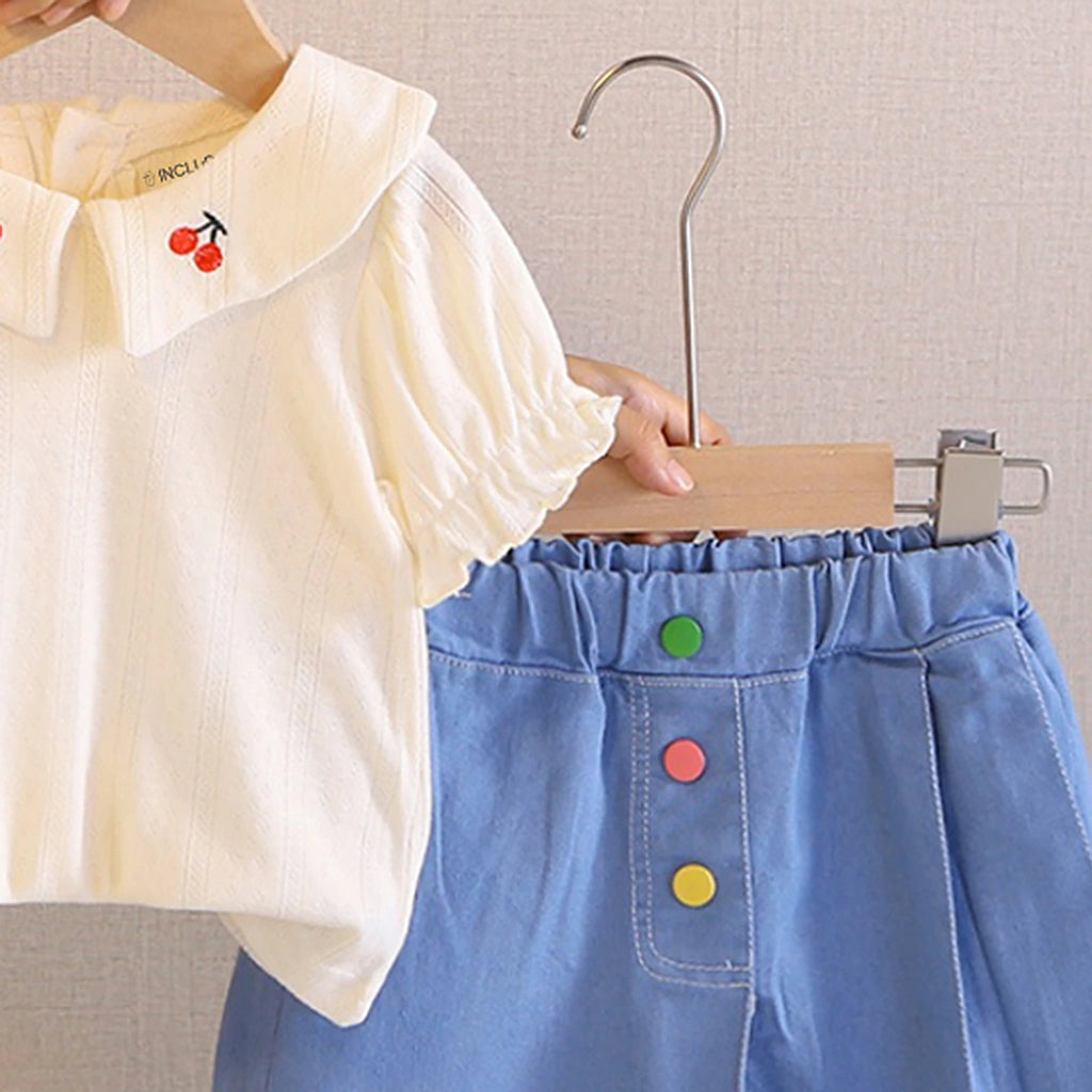 Girls Beige Cherry Embroidered Peter Pan Collar Top With Skorts Sets 2 pc. Sets