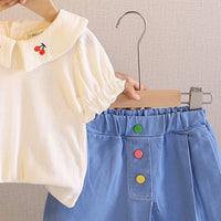 Girls Beige Cherry Embroidered Peter Pan Collar Top With Skorts Sets 2 pc. Sets