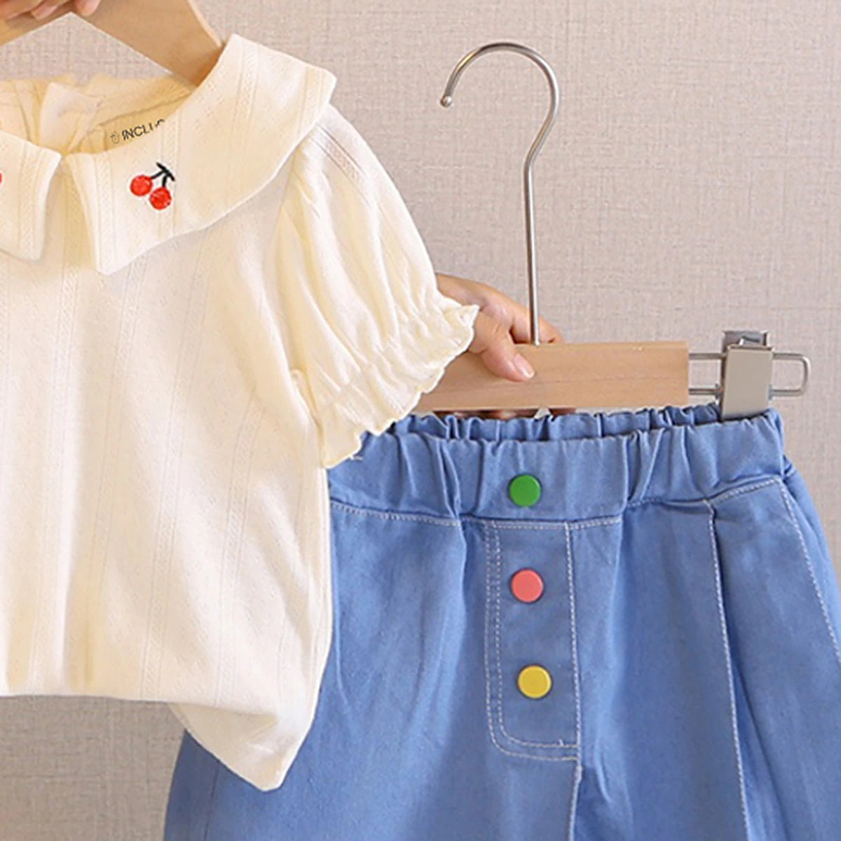 Girls Beige Cherry Embroidered Peter Pan Collar Top With Skorts Sets 2 pc. Sets