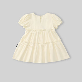 Girls Beige Floral Embroidered Puff Sleeve Tiered Dress Casual Dresses