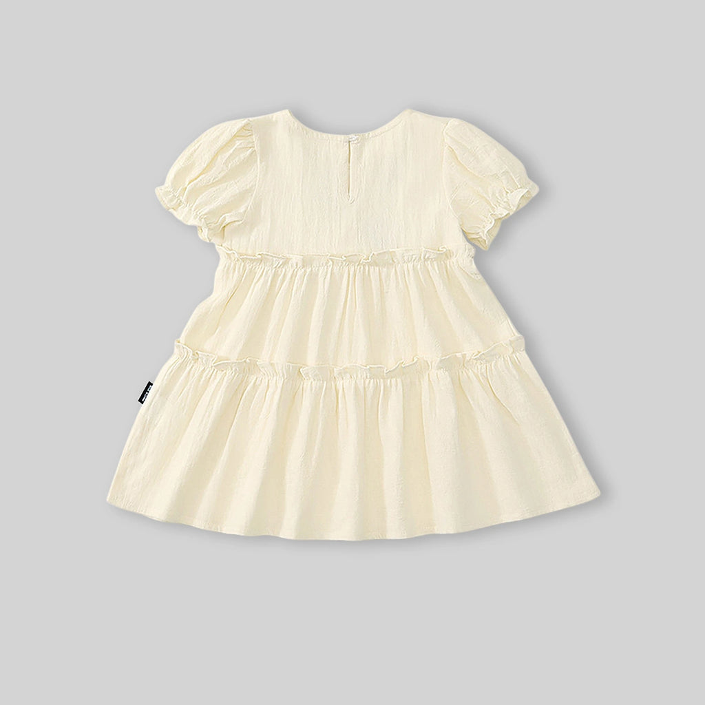 Girls Beige Floral Embroidered Puff Sleeve Tiered Dress Casual Dresses