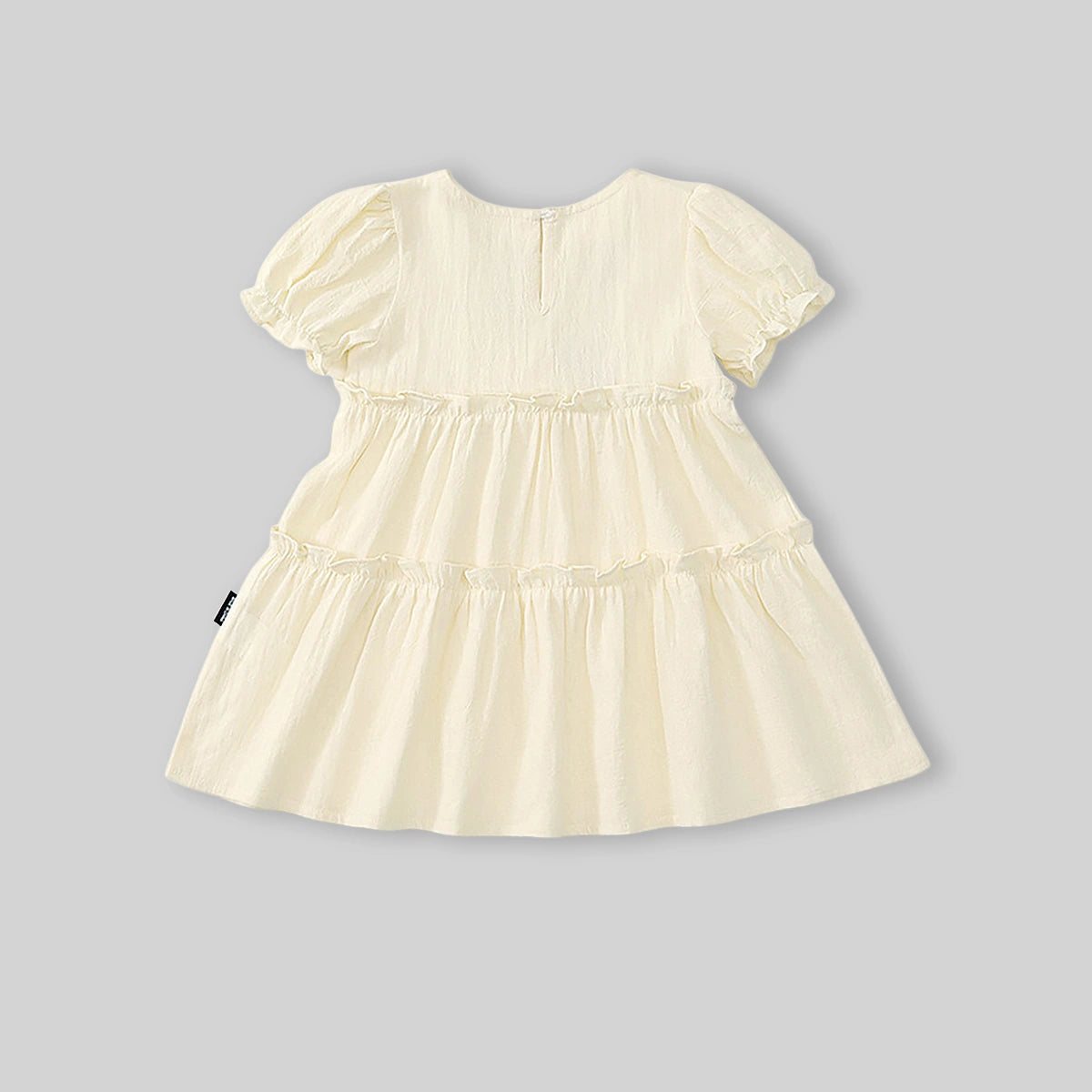 Girls Beige Floral Embroidered Puff Sleeve Tiered Dress Casual Dresses