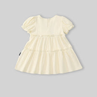 Girls Beige Floral Embroidered Puff Sleeve Tiered Dress Casual Dresses
