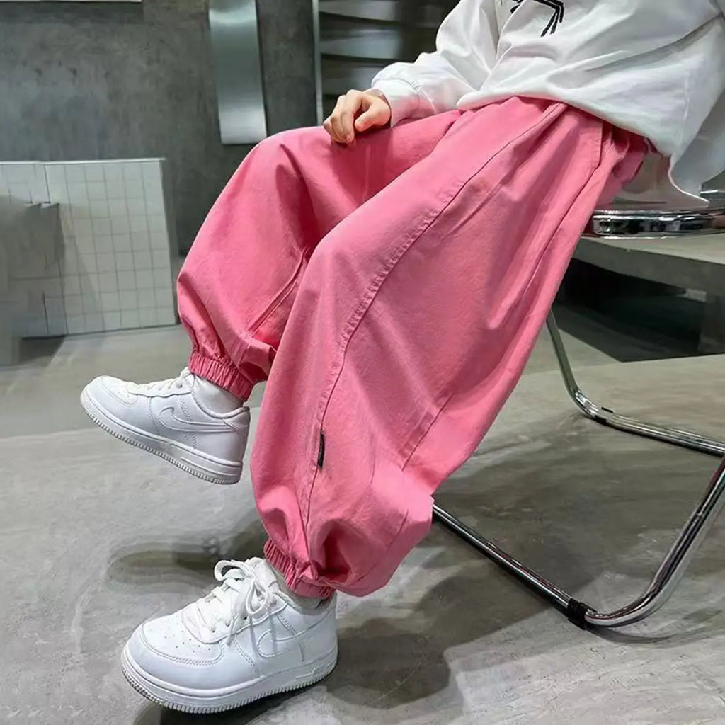 Boys Pink Solid Relaxed Fit Wide Leg Pants Pants