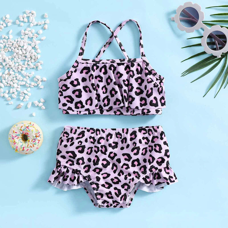 Girls Pink Leopard Print Top With Briefs Swimwear Sets Sets Pink 1-2 Y