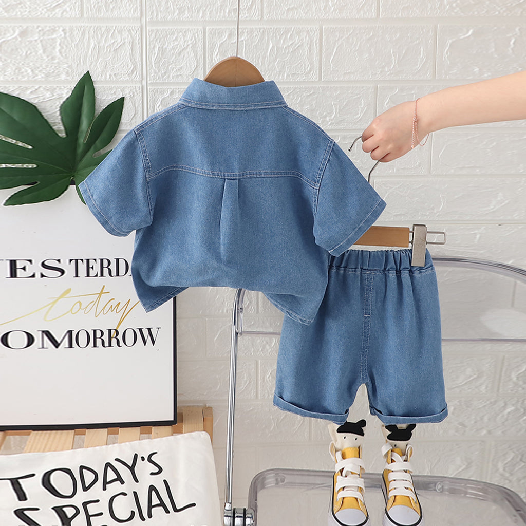 Boys Light Blue Denim Shirt With Typographic Printed T-shirt And Shorts Set 3 pc. Sets