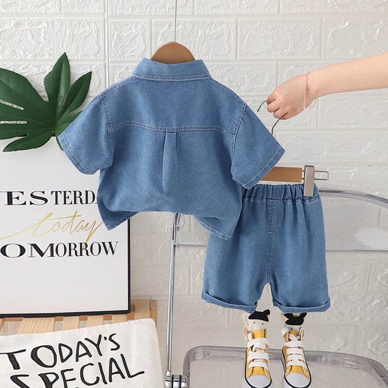 Boys Light Blue Denim Shirt With Typographic Printed T-shirt And Shorts Set 3 pc. Sets