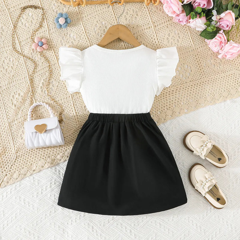Girls Black Bow Applique Top With Elasticated Skirt Sets 2 pc. Sets