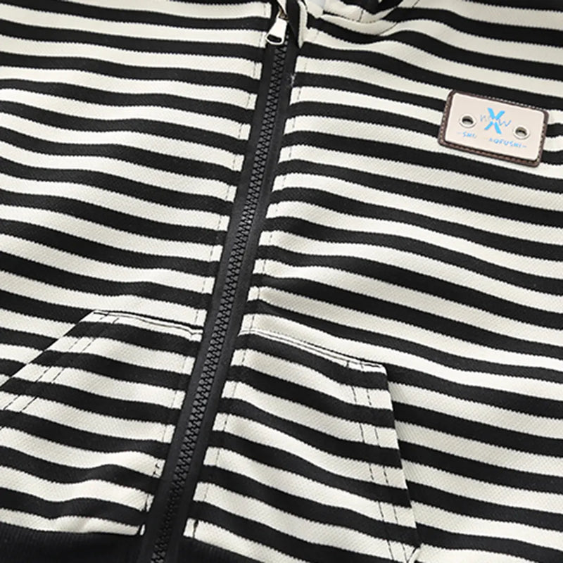 Boys Black Stripes Hooded Zipper Jacket With Denim Jogger Sets Sets