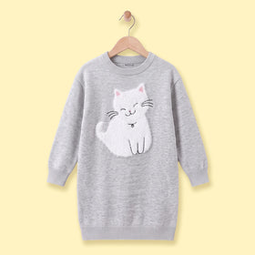Girls Grey Cat Applique Knitted Sweater Dress Casual Dresses Grey 3-4 Y