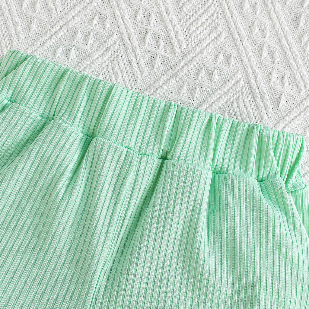 Girls Sea Green Typographic Printed Camisole Top With Tulle Top And Shorts Set 3 pc. Sets
