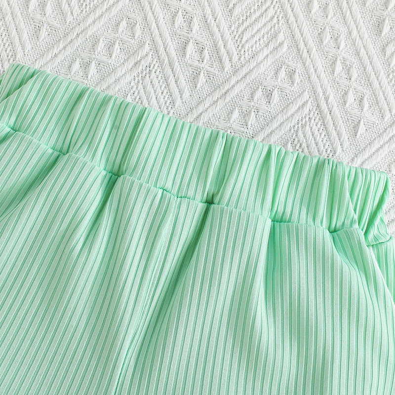 Girls Sea Green Typographic Printed Camisole Top With Tulle Top And Shorts Set 3 pc. Sets