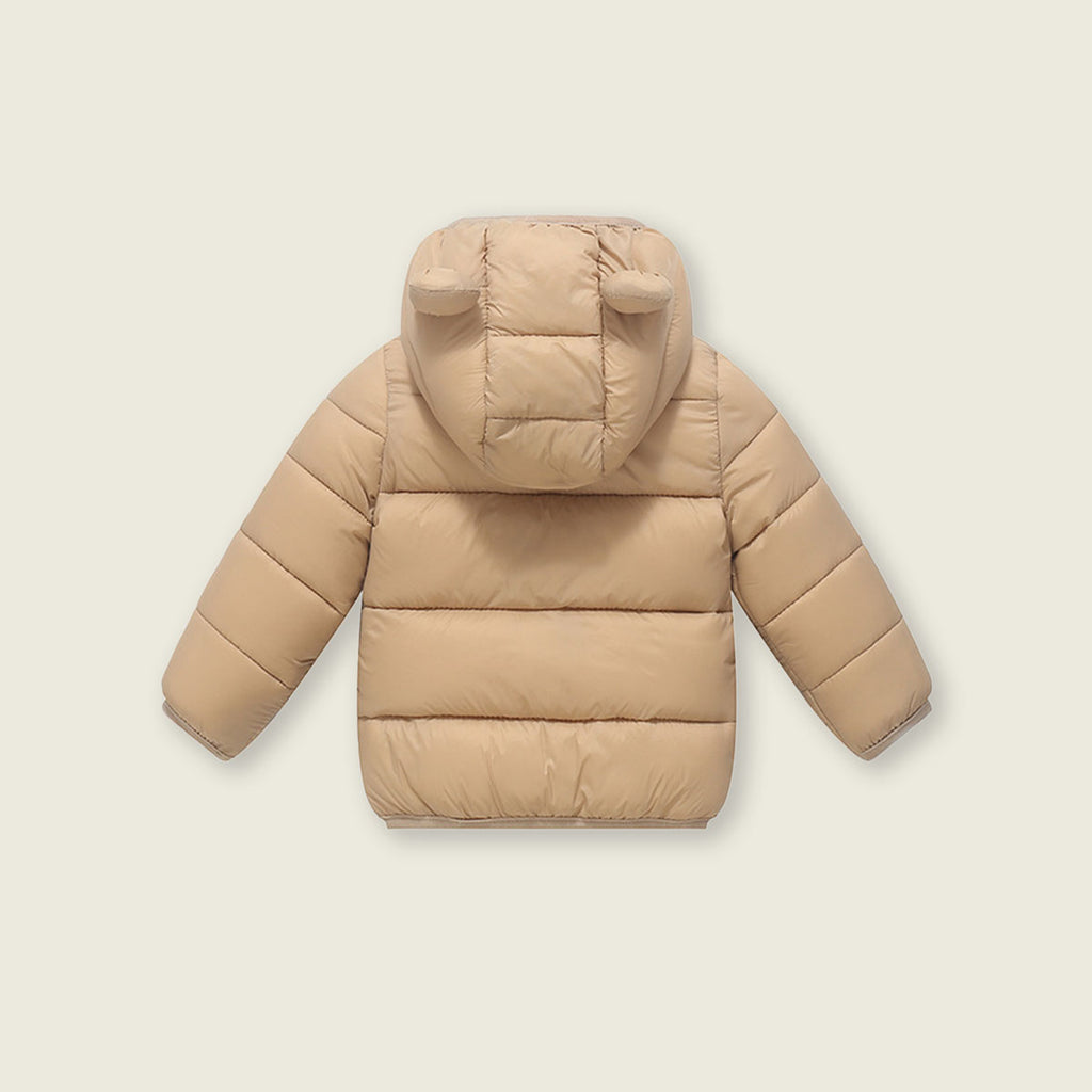 Boys Khaki Solid Front Zipper Hooded Puffer Jacket Coats & Jackets