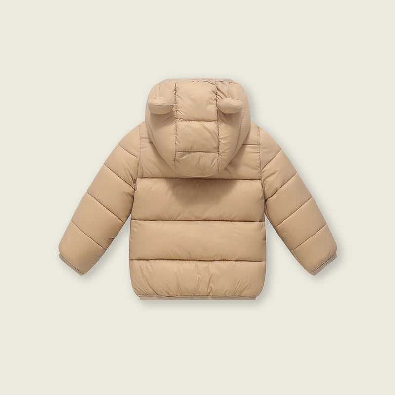 Boys Khaki Solid Front Zipper Hooded Puffer Jacket Coats & Jackets