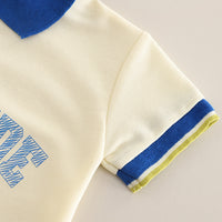 Boys Cream Graphic Printed Polo T-Shirt With Blue Shorts Set 2 pc. Sets