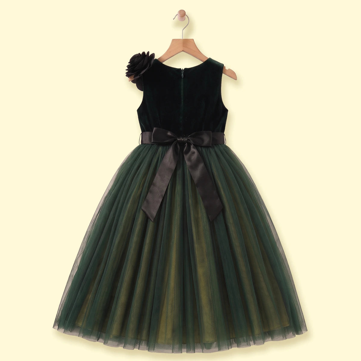Girls Dark Green 3D Floral Detail Sleeveless Party Gown Party Dresses