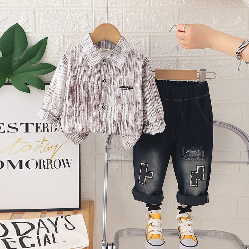 Boys Brown Abstract Printed Long Sleeves Shirt With Denim Pants Set 2 pc. Sets Brown 1-2 Y