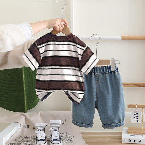 Boys Brown Headphone Graphic Stripes T-Shirt With Denim Shorts Set 2 pc. Sets