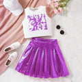 Girls Purple Graphics Sleeveless Top With Pleated Skirt Set Sets Purple 7-8 Y