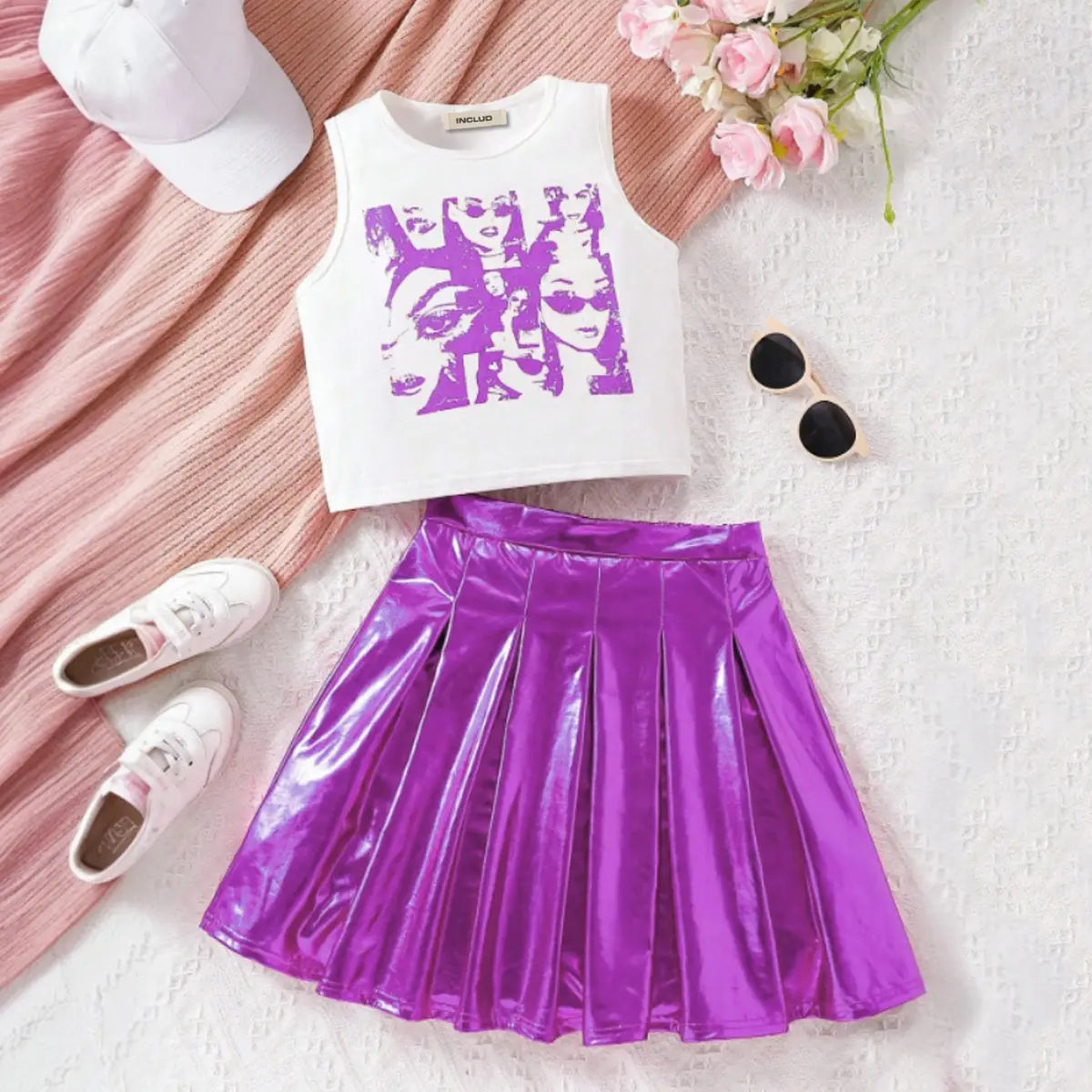 Girls Purple Graphics Sleeveless Top With Pleated Skirt Set Sets Purple 7-8 Y