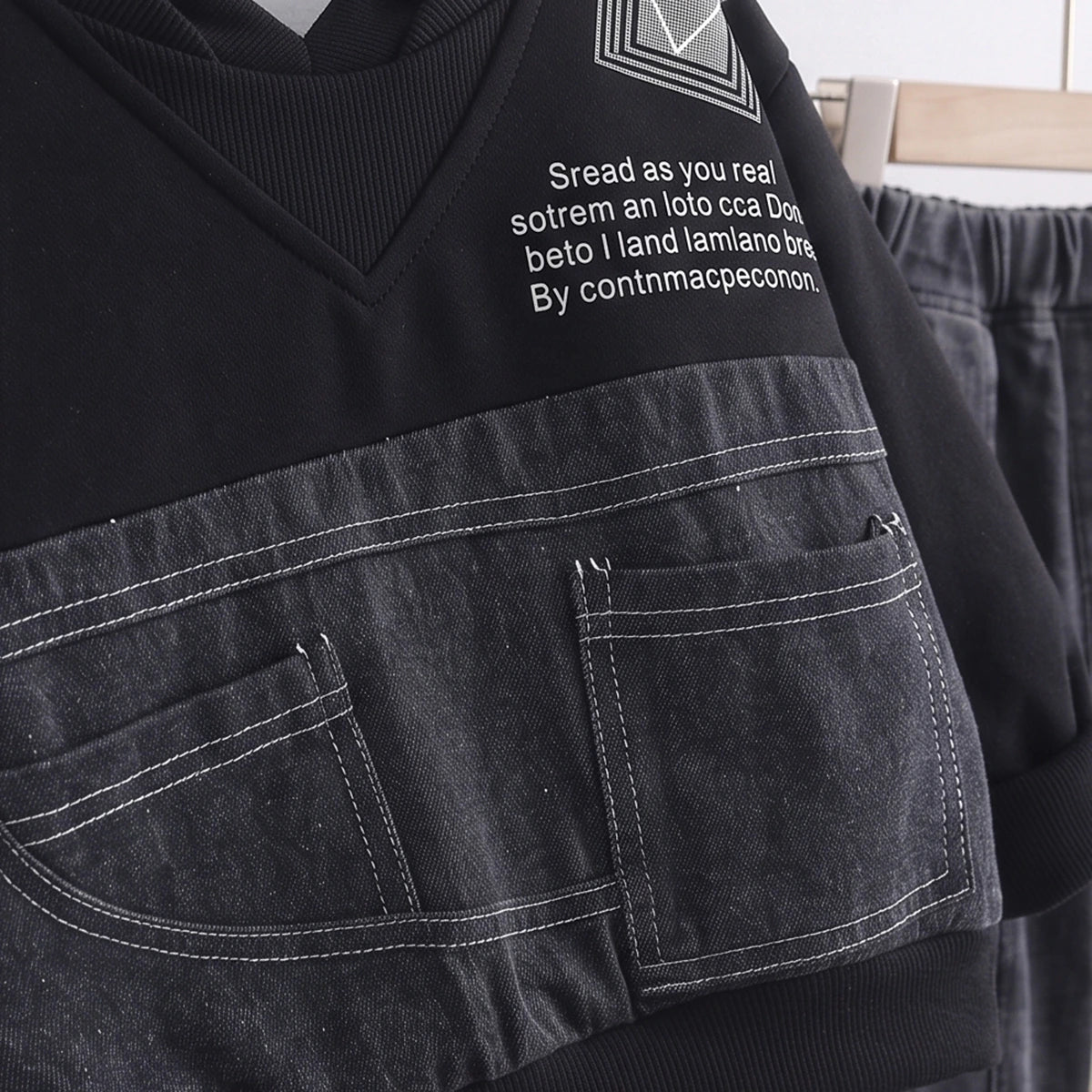 Boys Black Typographic Sweatshirt With Denim Pants Sets 2 pc. Sets