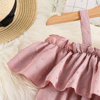 Girls Pink Swiss Dot Cold-Shoulder Ruffle Dress Casual Dresses