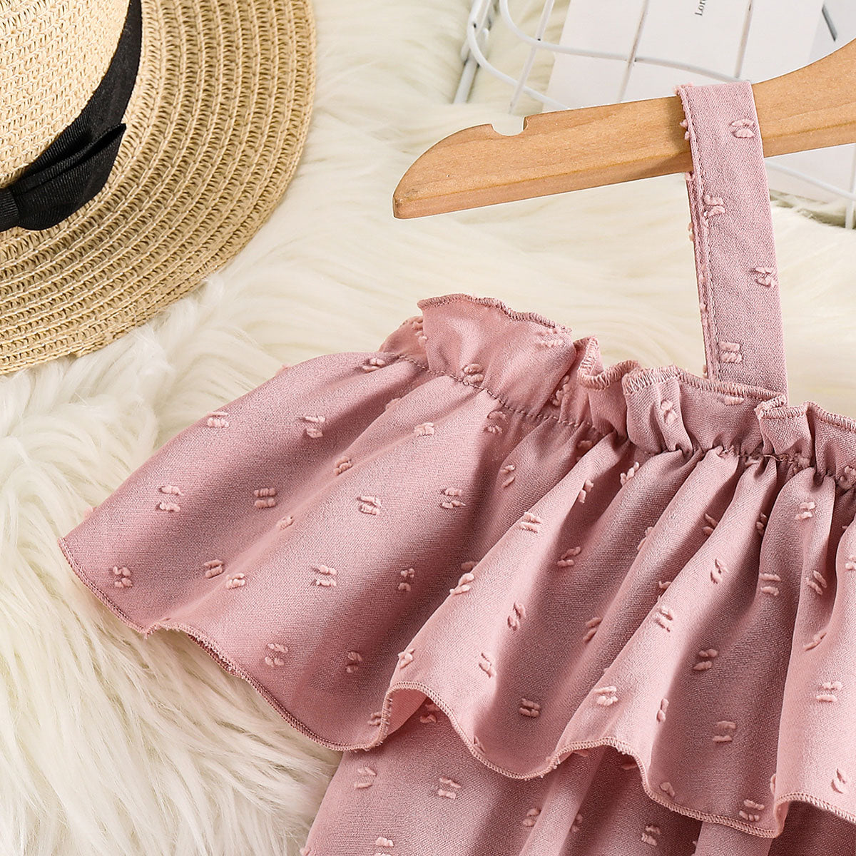 Girls Pink Swiss Dot Cold-Shoulder Ruffle Dress Casual Dresses