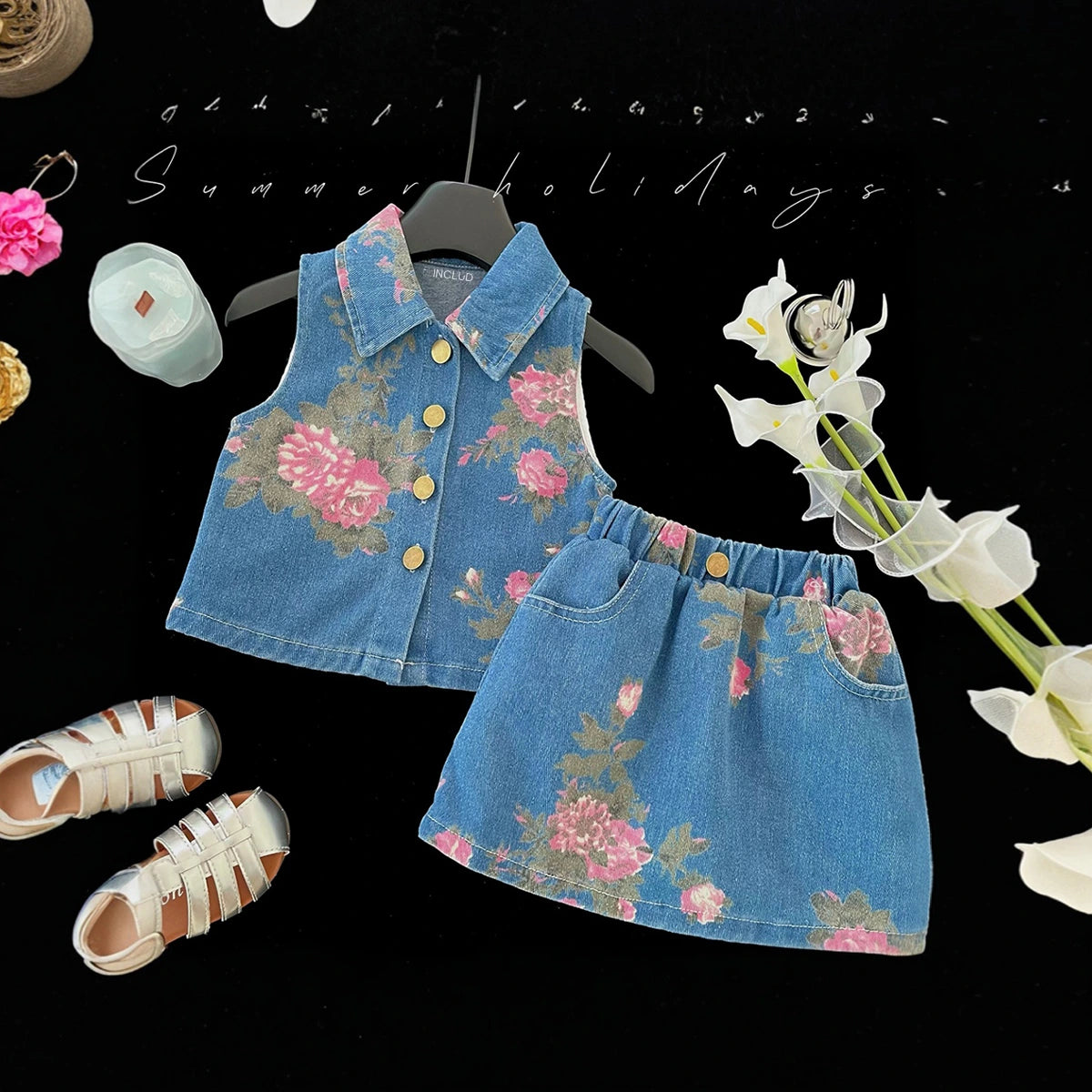 Girls Blue Floral Print Sleeveless Top With Denim Skirt Sets 2 pc. Sets Blue 1-2 Y