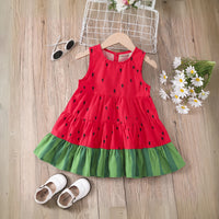 Girls Red Watermelon Print Sleeveless Tiered Dress Casual Dresses Red 1-2 Y