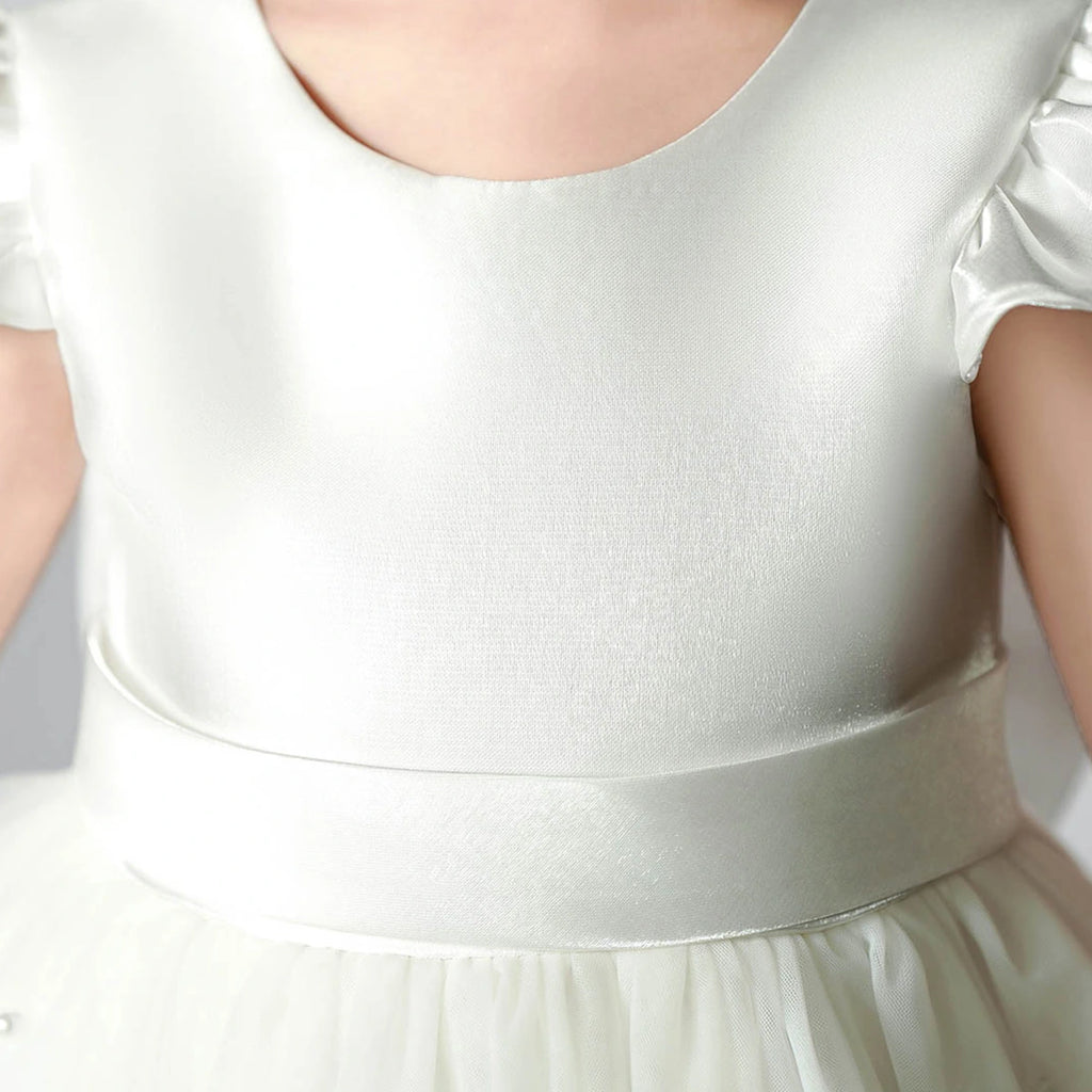 Girls Off White Pearl-Embellished Flutter Sleeve Fit & Flare Dress Casual Dresses