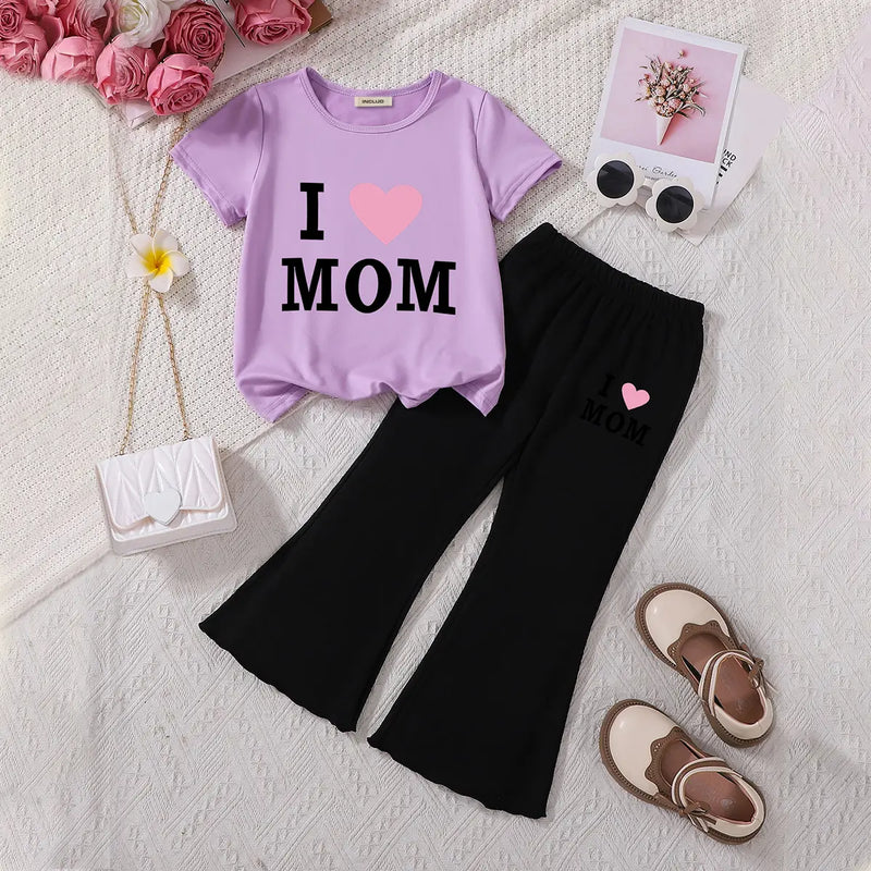 Girls Purple Typographic Printed T-Shirt With Flared Pants Sets Sets Purple 3-4 Y