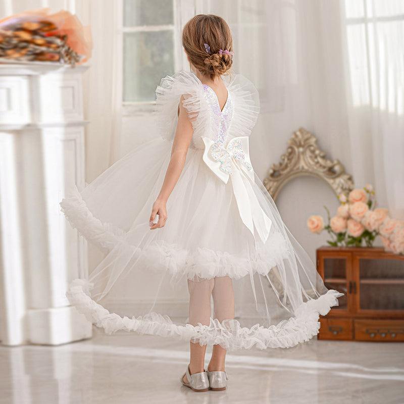 Girls White Ruffle Tulle Mullet Dress with Statement Back Bow Party Dresses