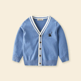 Boys Light Blue Small Dinosaur Embroidered Knitted Cardigan Sweaters & Cardigans