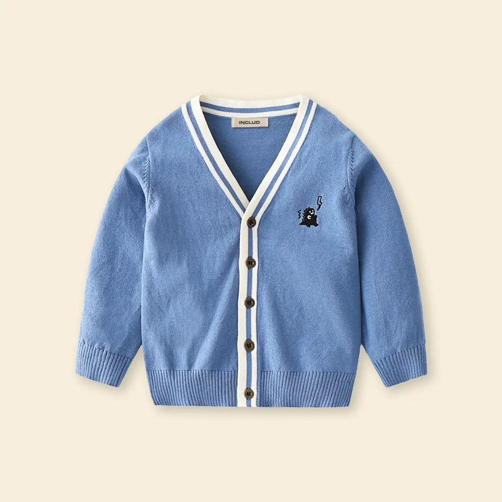 Boys Light Blue Small Dinosaur Embroidered Knitted Cardigan Sweaters & Cardigans