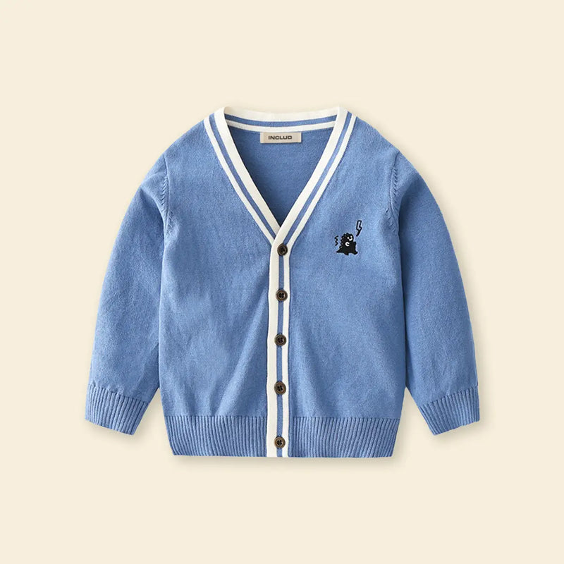 Boys Light Blue Small Dinosaur Embroidered Knitted Cardigan Sweaters & Cardigans