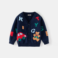 Boys Navy Blue Cardigan With Self Design Alphabet Patterns Sweaters & Cardigans