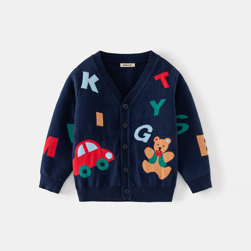 Boys Navy Blue Cardigan With Self Design Alphabet Patterns Sweaters & Cardigans