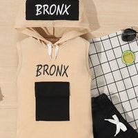 Boys Beige Typography Print Hooded Vest With Joggers Sets 2 pc. Sets