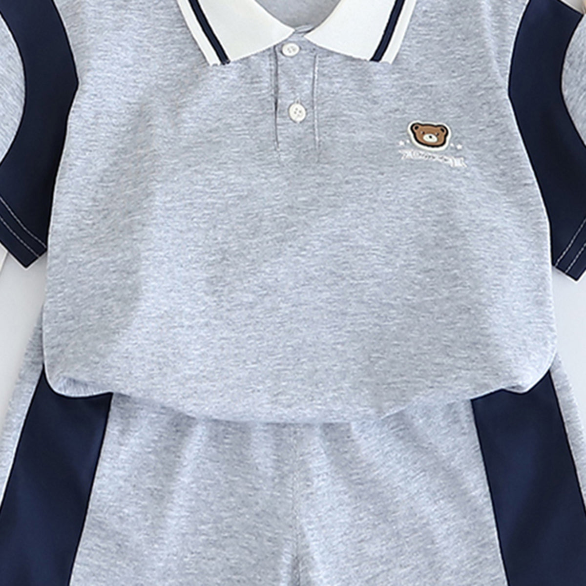 Boys Grey Color-blocked Short Sleeves Polo T-Shirt With Shorts Set 2 pc. Sets