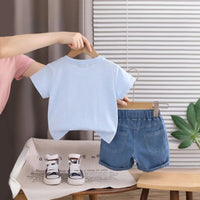 Boys Sky Blue Bunny Print Short Sleeve T-Shirt With Elasticated Denim Shorts Sets 2 pc. Sets