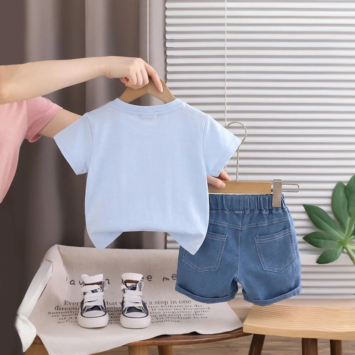 Boys Sky Blue Bunny Print Short Sleeve T-Shirt With Elasticated Denim Shorts Sets 2 pc. Sets
