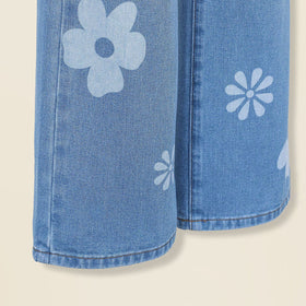 Girls Blue Floral Printed Distressed Bellbottom Denim Pant Pants