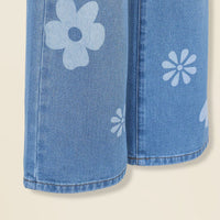 Girls Blue Floral Printed Distressed Bellbottom Denim Pant Pants