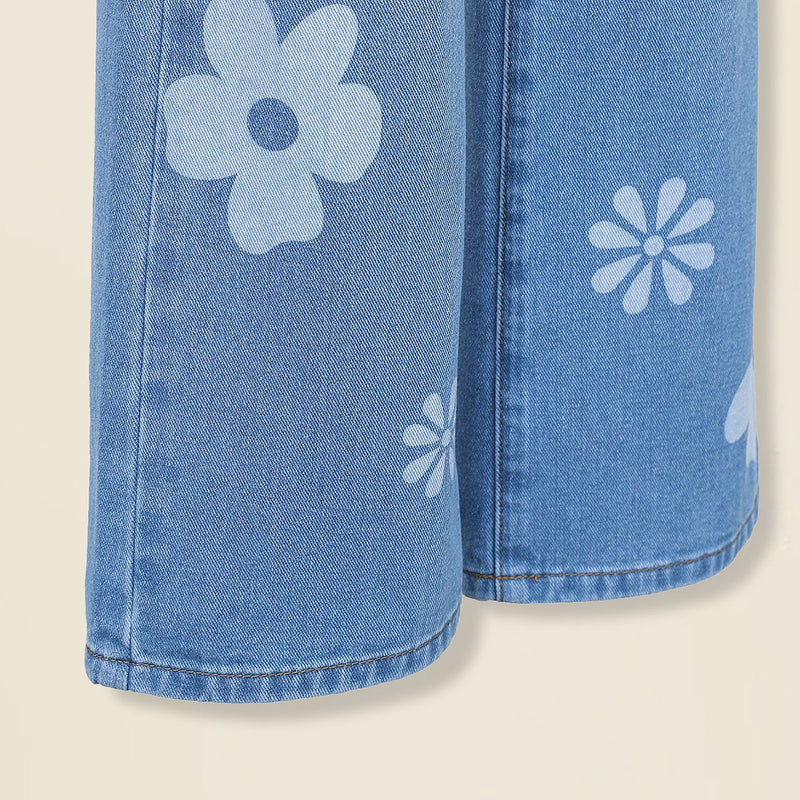 Girls Blue Floral Printed Distressed Bellbottom Denim Pant Pants