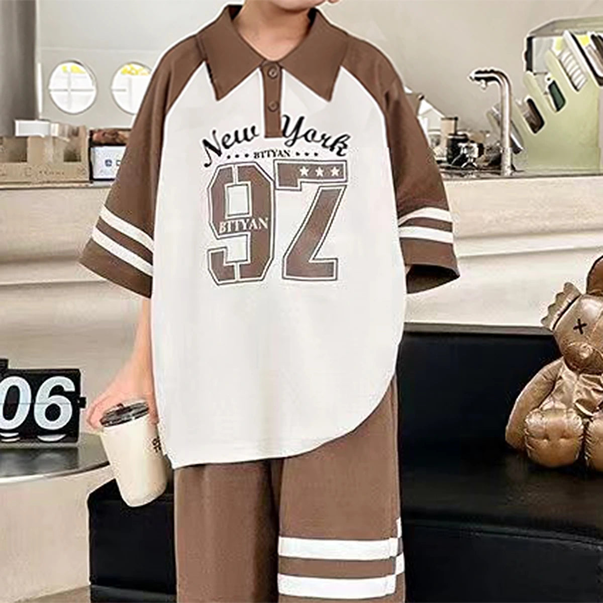 Boys Brown Typographic Short Sleeves Polo T-Shirt With Elasticated Shorts Sets Sets