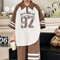 Boys Brown Typographic Short Sleeves Polo T-Shirt With Elasticated Shorts Sets Sets