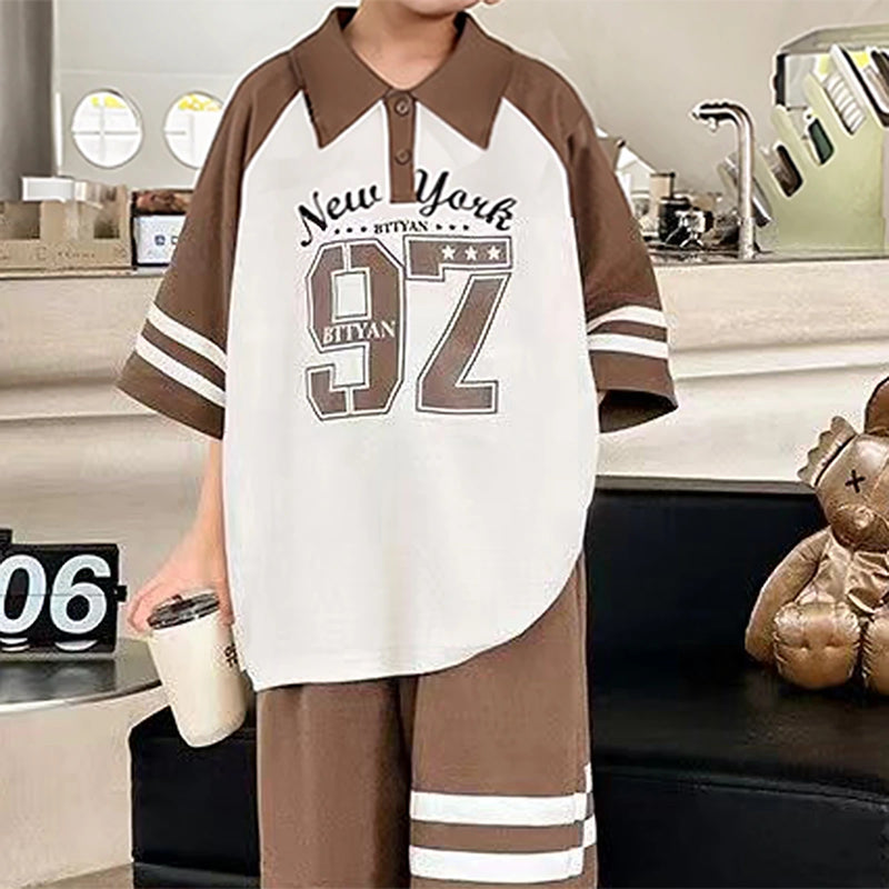 Boys Brown Typographic Short Sleeves Polo T-Shirt With Elasticated Shorts Sets Sets