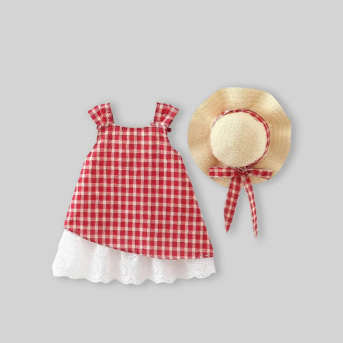 Girls Red Checked Sleeveless A-line Dress Casual Dresses