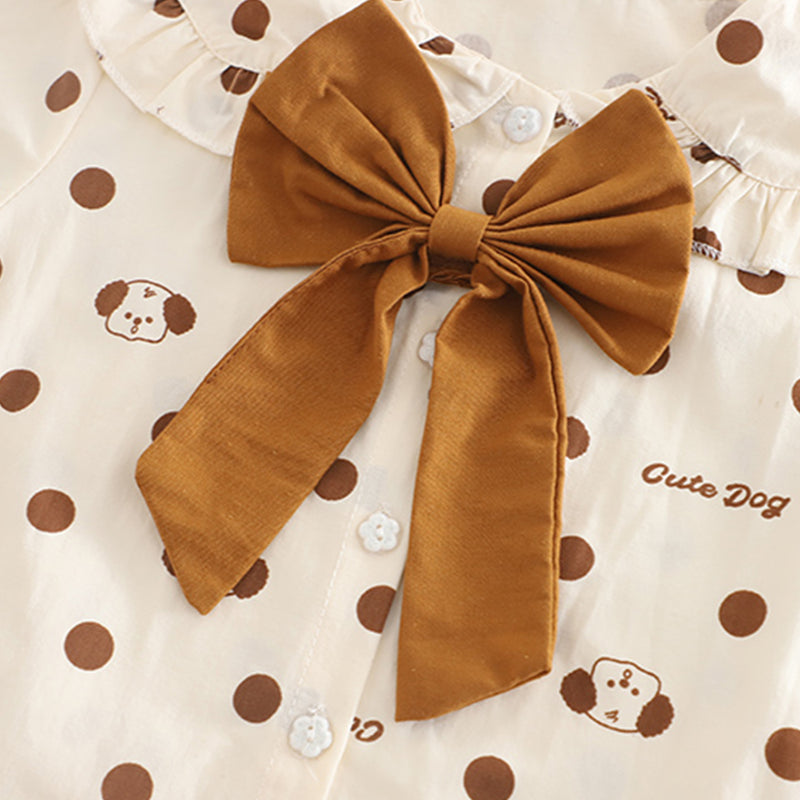 Girls Brown Polka Dot Printed Top With Bow and Pants Set 2 pc. Sets