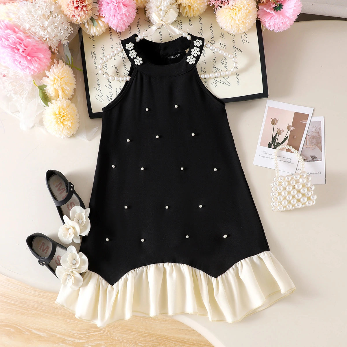 Girls Black Pearl Embellished Sleeveless A-Line Dress Casual Dresses Black 3-4 Y